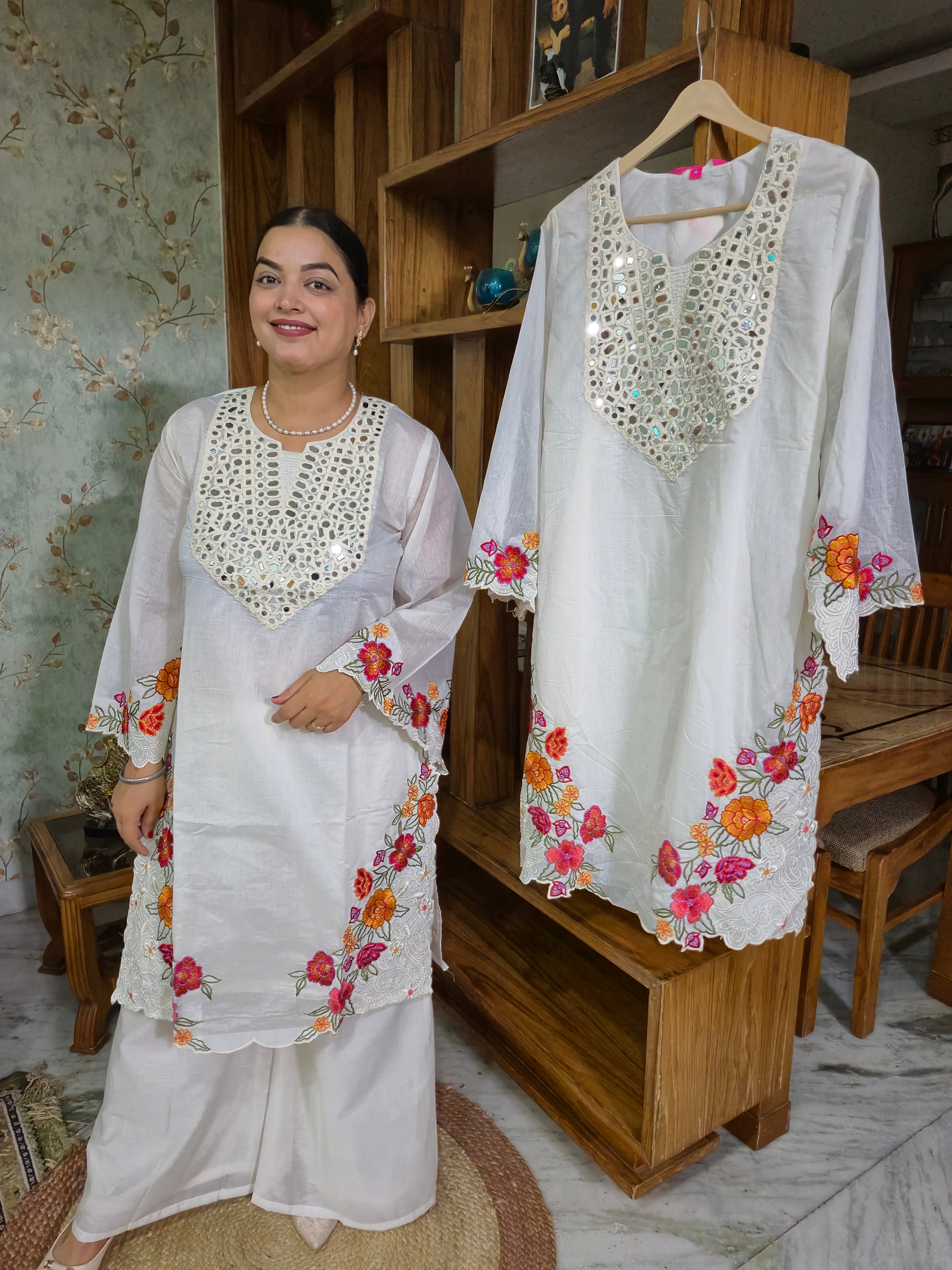 Noor White Floral Embroidered Cord Set