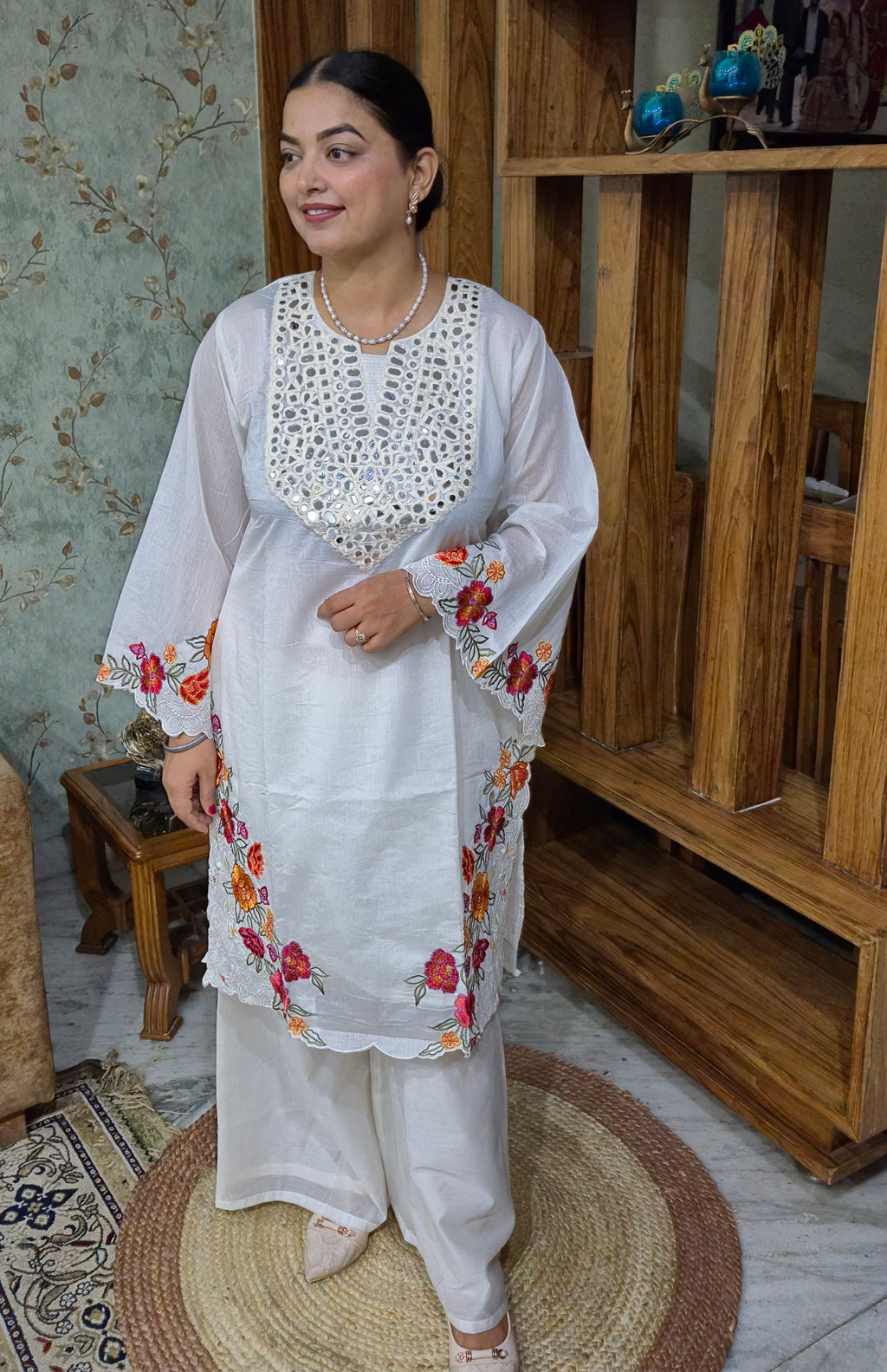 Noor White Floral Embroidered Cord Set
